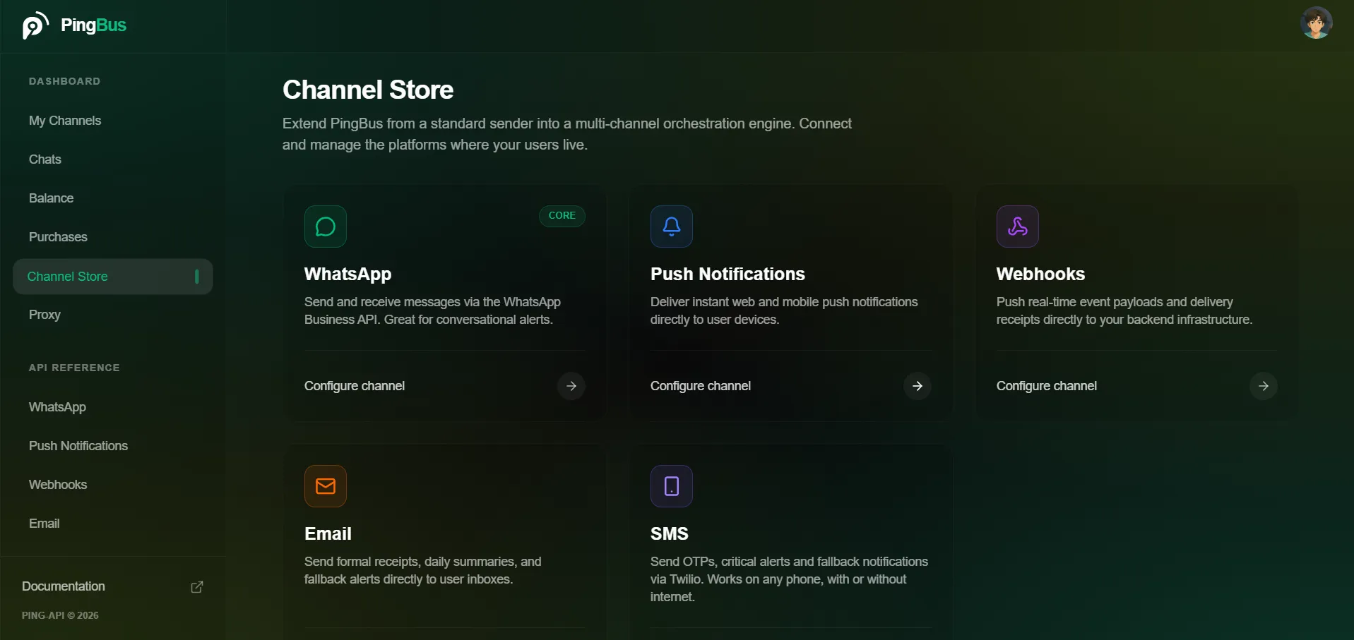 pingbus.live — Channel Store · Status Cards