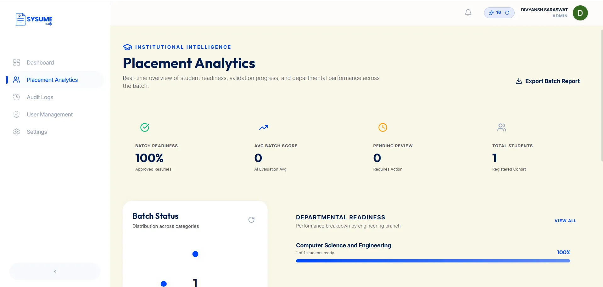 Sysume Admin — Placement Analytics: Batch Readiness, Departmental Performance