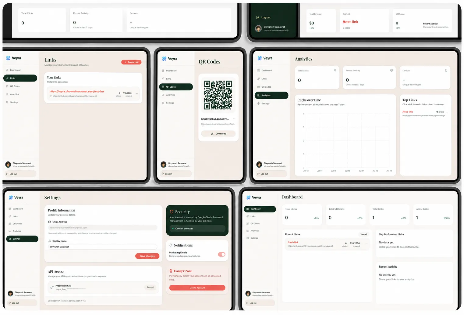 Veyra — Full Feature Set: Links, QR Codes, Analytics & Settings across all screens